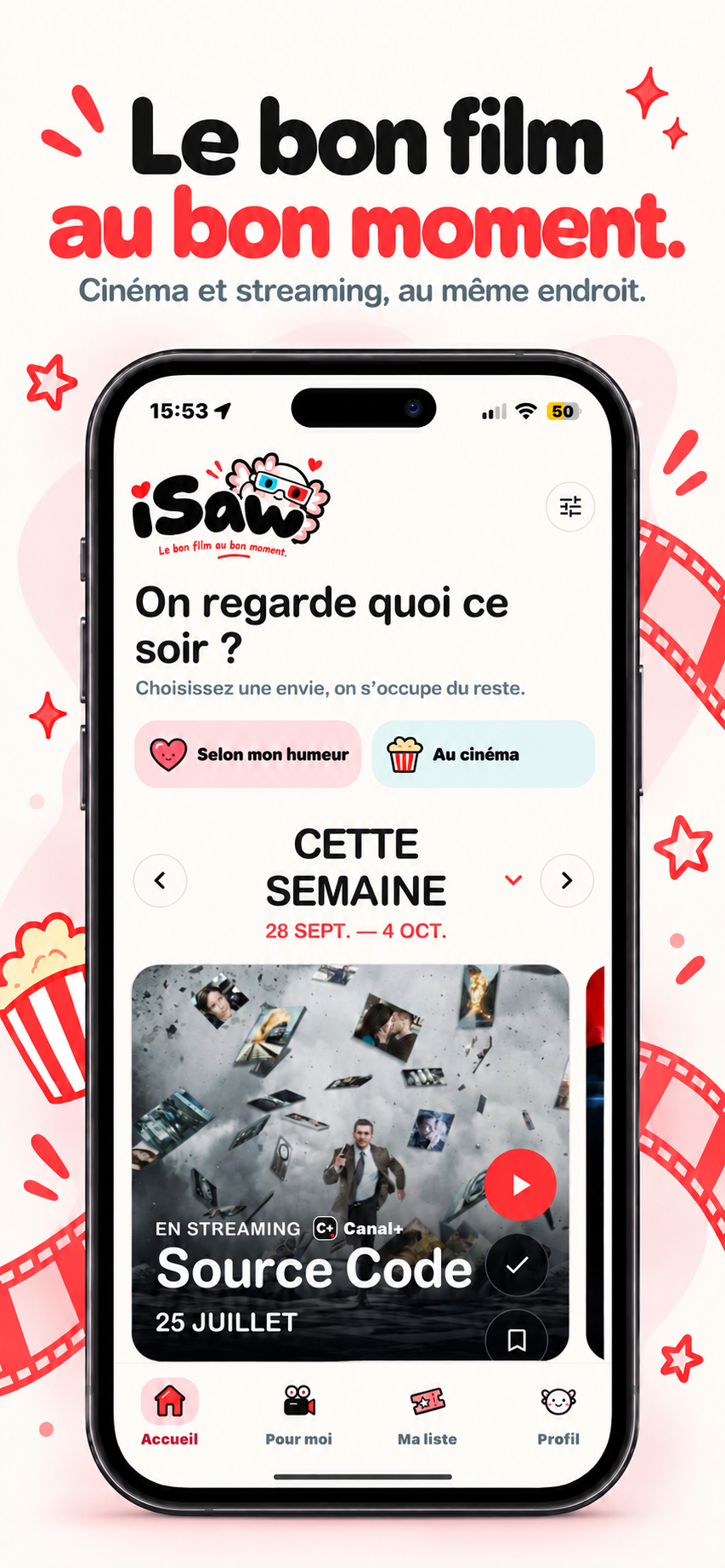 iSaw : le bon film au bon moment, avec l’accueil cinéma et streaming dans un téléphone