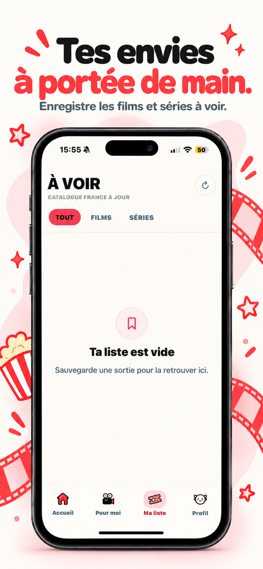Écran Ma liste d’iSaw avec les onglets Tout, Films et Séries pour retrouver les contenus sauvegardés
