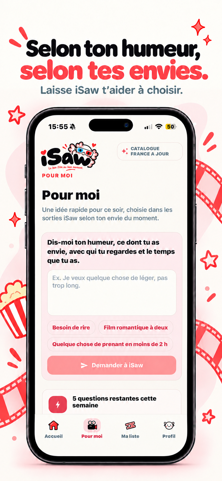 Écran Pour moi d’iSaw : demande de recommandations selon l’humeur, les envies et le temps disponible