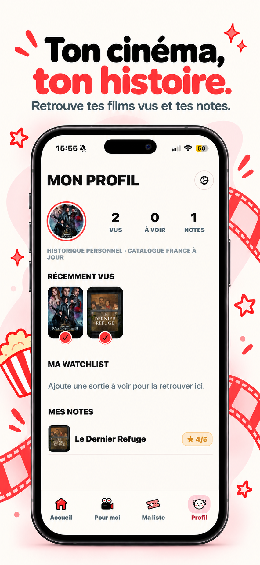 Profil iSaw présentant les films récemment vus, la watchlist et les notes personnelles